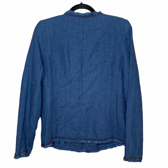 Soft Surroundings Womens M Blazer Jacket Blue 100% Linen Chain Trim Frayed Edge - Picture 9 of 9